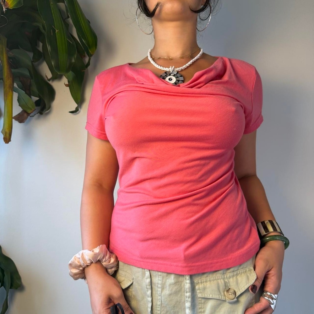 Pantology Pink Cowl Neck Slinky Blouse Y2K Coral Short Sleeve Top Womens Large